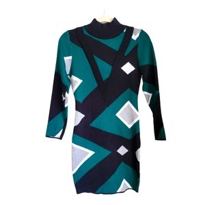 Han Queen Sweater Dress (Black Green Geometric)
